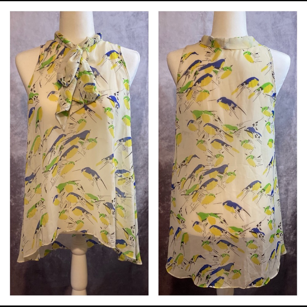 ModCloth hummingbird print chiffon sleeveless blouse with tie at neck